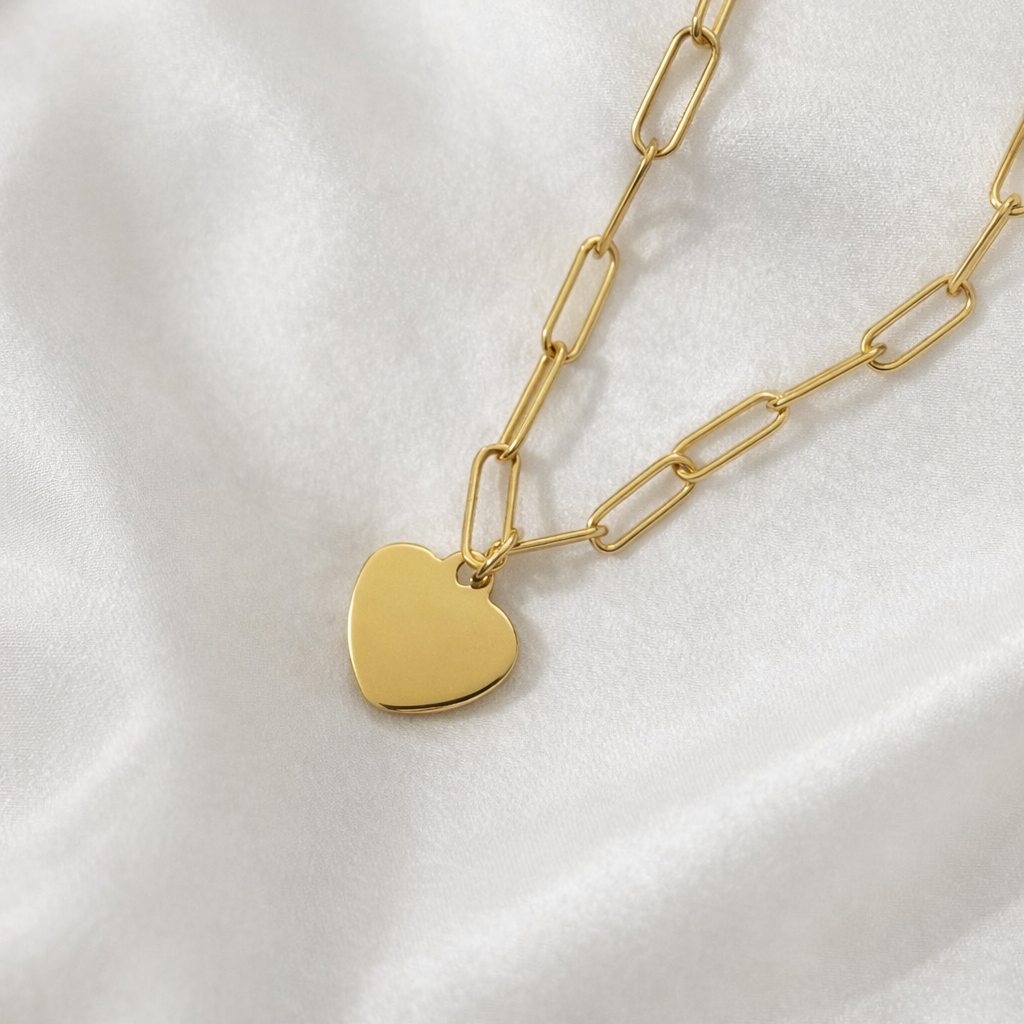 Luxe Gold Paperclip Chain Heart Charm Necklace - FREE ENGRAVING